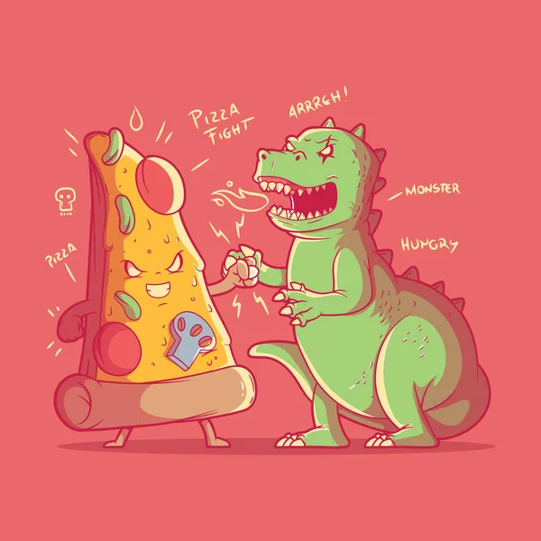 Pizza Personaje Lucha Monstruo Vector Ilustración Comida Acción Concepto Diseño — Archivo Imágenes Vectoriales