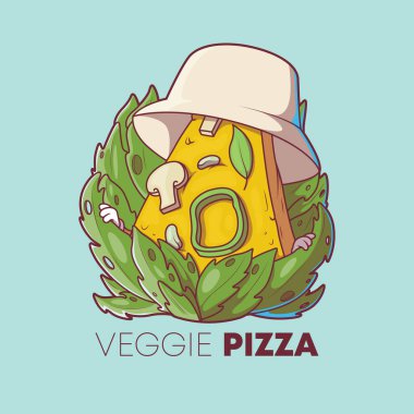 Sebzeli Pizza karakter çizimi. Sağlık, gıda, vegan, marka tasarımı konsepti.