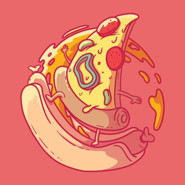 Hot Dog vektör illüstrasyonunda pizza dilimi sörfü. Fast food, sörf, spor, logo tasarımı konsepti.