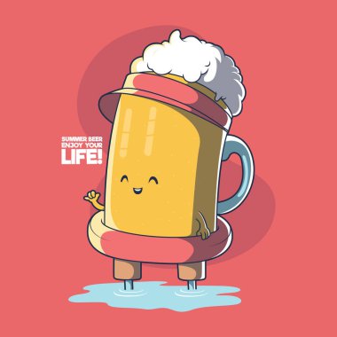 Summer Beer karakter çizimi. İçki, tatil, motivasyon, yaz tasarımı konsepti.