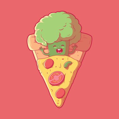 Brokoli karakteri bir dilim pizza vektör illüstrasyonunda uyuyor. Yemek, komik tasarım konsepti.