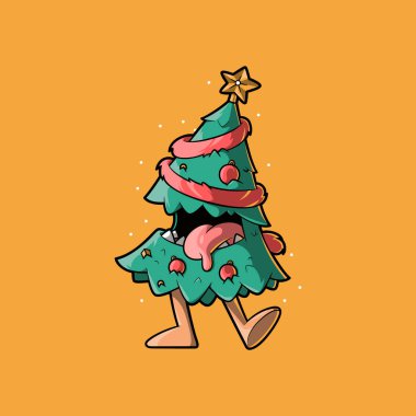 Sevimli Kızgın Ağaç Karakteri, neşeli mizah vektörü illüstrasyonu. Tatiller, komik tasarım konsepti.