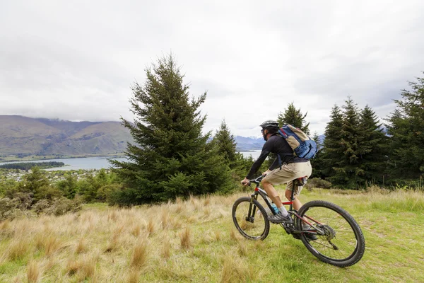 Mountain bike rider op Lake Wanaka, Nieuw-Zeeland — Stockfoto