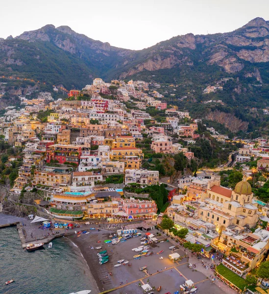 Vista Aérea Positano Pôr Sol Deslumbrante Costa Amalfitana Itália — Fotografia de Stock
