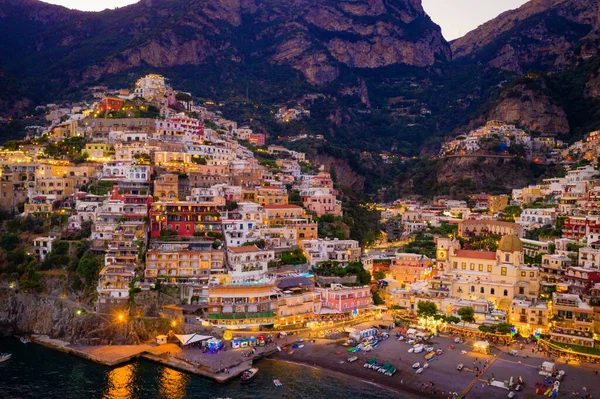 Vista Aérea Positano Atardecer Impresionante Costa Amalfi Italia —  Fotos de Stock