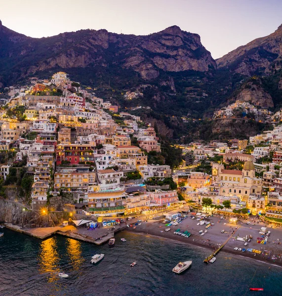 Vista Aérea Positano Pôr Sol Deslumbrante Costa Amalfitana Itália — Fotografia de Stock