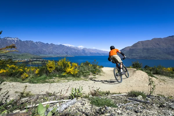 Велосипедист на велосипедной дорожке в Куинстауне, Новая Зеландия — стоковое фото