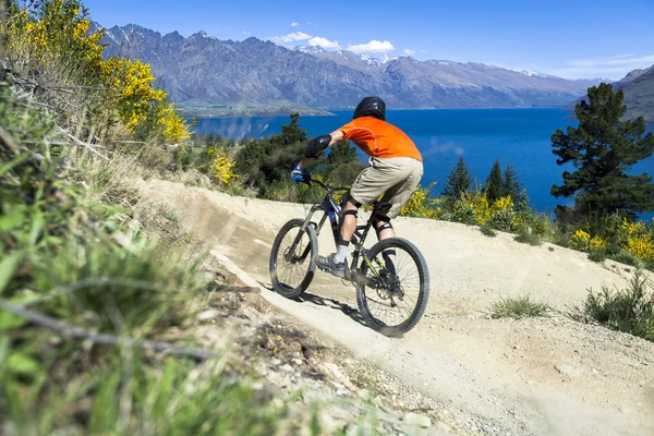 Mountain bike rider on bike path in Queenstown, Noua Zeelandă — Fotografie, imagine de stoc