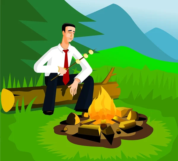 Relaxing businessman near campfire — Stock Vector