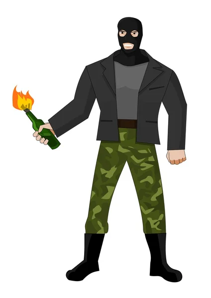 Hombre en máscara con cóctel molotov — Vector de stock