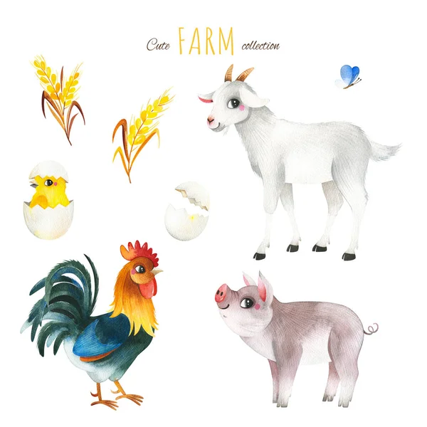 Cute Farm Collection Watercolor Set Funny Animals Goat Rooster Piglet — Stock Photo, Image