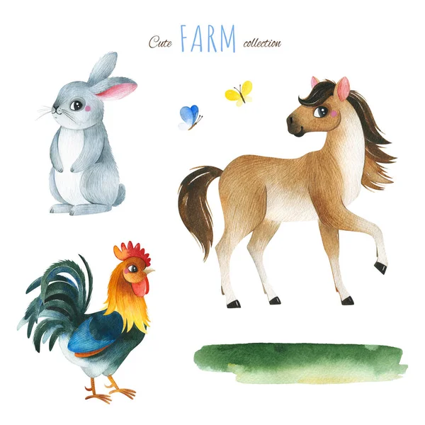 Aranyos Farm Gyűjtemény Akvarell Készlet Vicces Állatok Kakas Nyúl Pillangók — Stock Fotó