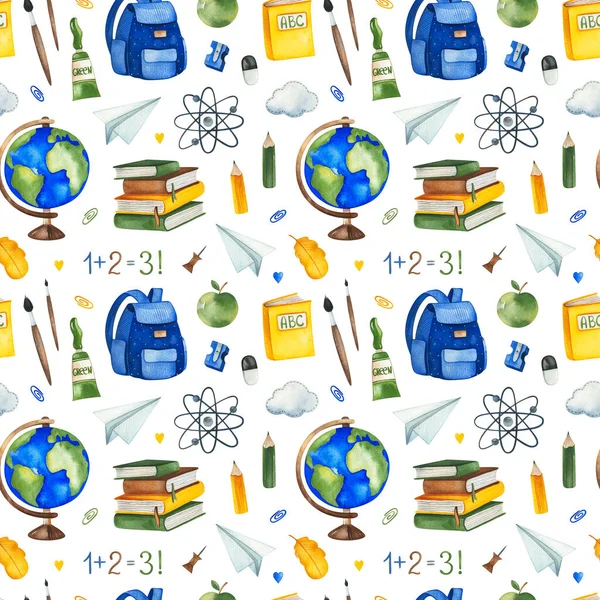 Watercolor teacher seamless pattern with apple,backpack, pencils,books,figures,cloud,paint brush,sharpener,globe and more. Perfect for print,wallpaper,print,template design, school design,education