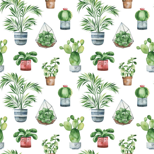 Watercolor potted plants texture.Fresh seamless background.Perfect for your project, print, wallpaper, print, gift paper, wedding, greeting, invitations, wall arts