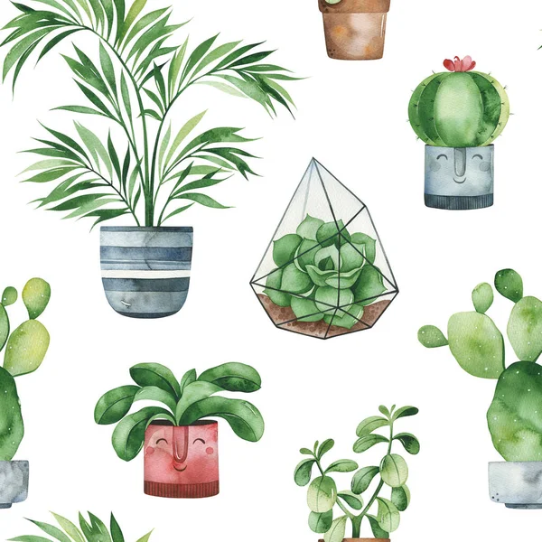 Watercolor Potted Plants Texture Fresh Seamless Background Perfect Your Project — Stock Photo, Image