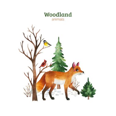 Orman bitkileri ve hayvanlarla suluboya sonbahar kompozisyonu