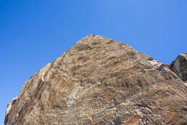 Buddha huggen i en rock i Tamgaly Tas - ett världsarv i Kazakstan - Centralasien — Stockfoto