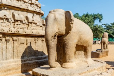 Nakula Sahadeva ratha ve Güney Hindistan 'ın Tamil Nadu kentindeki Unesco Dünya Mirası Alanı Mamallapuram' ın Pancha Rathas (Beş Ratha) heykellerinden biri olan bir fil heykeli.