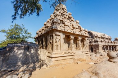 Güney Hindistan 'ın Tamil Nadu kentindeki Unesco Dünya Mirası Alanı Mamallapuram' dan Pancha Rathas (Beş Rathas)