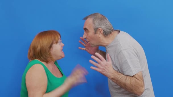 Un par de peleas sobre fondo azul. Una pareja de ancianos discutiendo. Conflicto, emociones negativas. — Vídeos de Stock