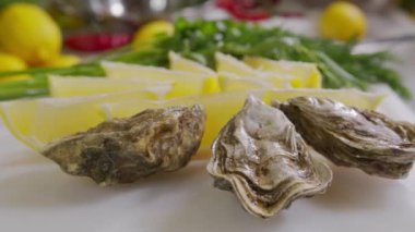 Limonlu istiridye. Restoranda büyük tabakta yarım kabuklu taze istiridye. Servis masası. 4K UHD video yavaş çekim.