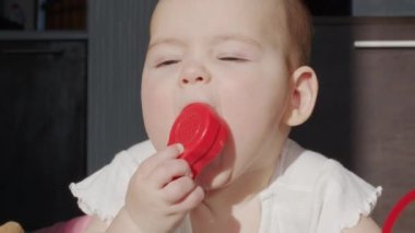 Komik mutlu kız bebek karnında oyuncak diş çıkararak sürünüyor ve parlak güneş ışığı kreşinde dizlerinin üzerinde sallanıyor..