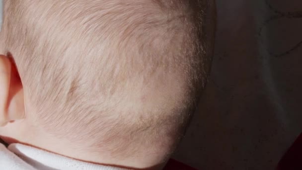 Вид со спины, малыш. Отсутствие волос у младенцев на затылке. — стоковое видео