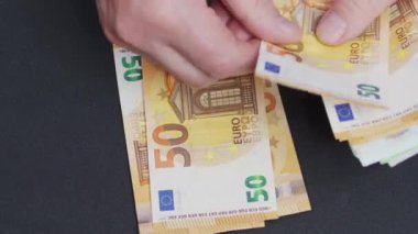 Avro banknotlarını, Avrupa Birliği parasını, nakit para hesaplamalarını sayan bir kişi.