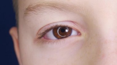 Kahverengi Göz, Kameraya Yakından Bakıyor. Macro shot Açılışı ve Kapanış Kahverengi Gözlü Küçük Çocuk. Çocukların Gözlerinin Hareketini Kapat. İnsan gözü yuvası açılıyor..