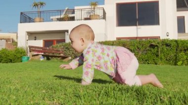 Bebek kız çayırda yavaşça sürünüyor. Küçük bebek dünyası.