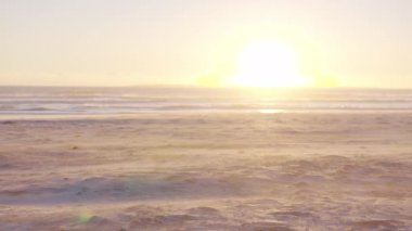 Arap çölünde kum fırtınası sırasında rüzgarda esen kum tepecikleri. Okyanus kıyısı.