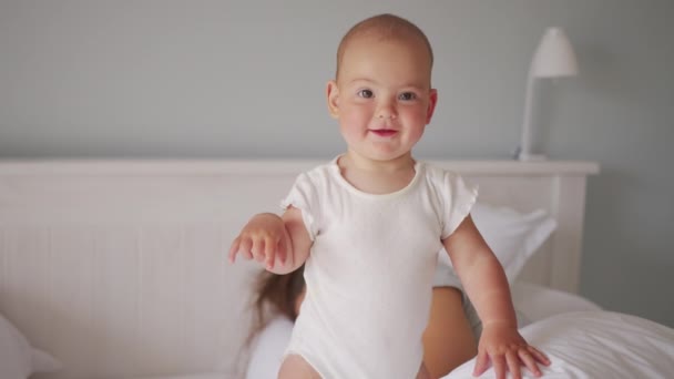 9 Month Old Baby Smiling Happily at Camera. — Stock Video