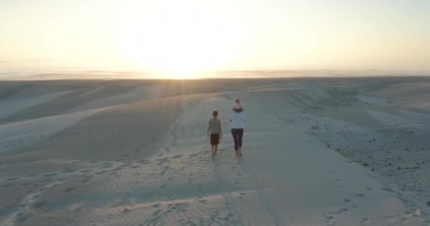 Vista aérea de la parte superior de la familia que va a las dunas de arena, África. — Vídeos de Stock