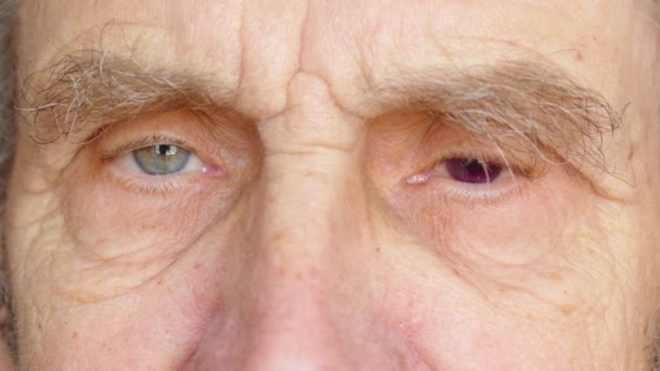 Close-up portret van de oude man. Ogen van een oudere man met rimpels en glaucoom. — Stockvideo