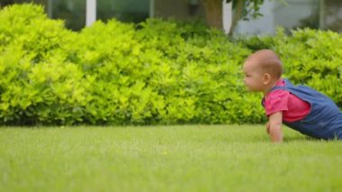 Parktaki Çimlerde Sürünen Şirin Küçük Bebek. Mutlu Çocukluk ve Çocuk Gelişimi Konsepti.