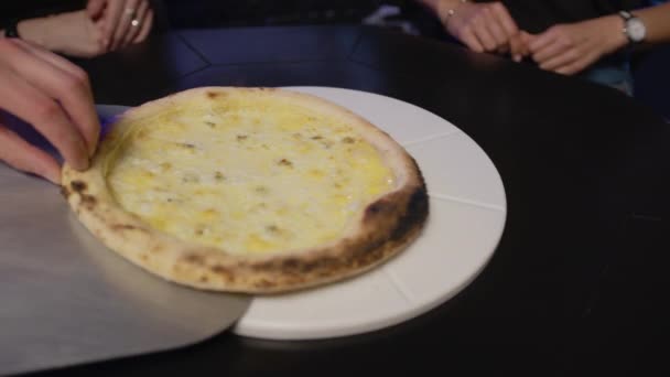 Italian pizza restaurant. cooked pizza is served. — Stock Video