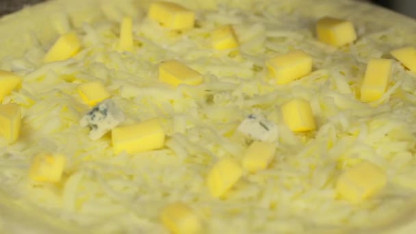 Espolvorear queso rallado fresco sobre la masa de pizza, de cerca. El chef está cocinando pizza. Proceso de preparación de pizza italiana tradicional. — Vídeos de Stock