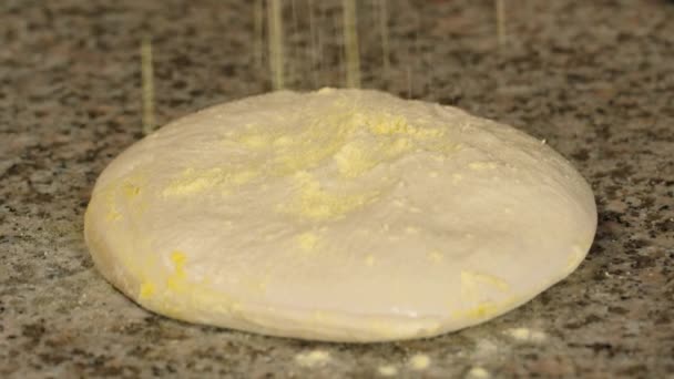 La pâte à pâte finie est saupoudrée de farine sur le dessus. — Video