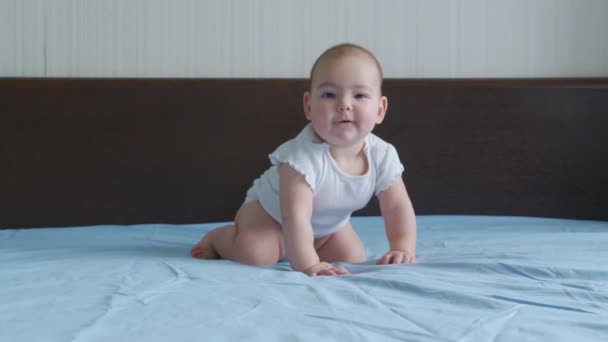 Feliz bebé niña arrastrándose en la cama niño explorando casa curioso bebé divertirse disfrutando de la infancia. — Vídeos de Stock