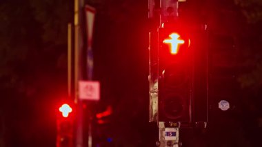 Berlin, Almanya - 08.08.2025: Yaya geçidindeki yayalara yeşil ve kırmızı ışık Gece şehir merkezinde ünlü Ampelmann veya Ampelmannchen.