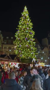 Strasbourg, Fransa - Aralık 01.2025: Akşam Strazburg 'daki Noel Pazarı. Kocaman bir Noel ağacı olan Kleber Meydanı. Dikey video.