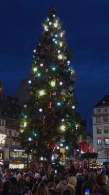 Strasbourg, Fransa - Aralık 01.2025: Akşam Strazburg 'daki Noel Pazarı. Kocaman bir Noel ağacı olan Kleber Meydanı. Dikey video.