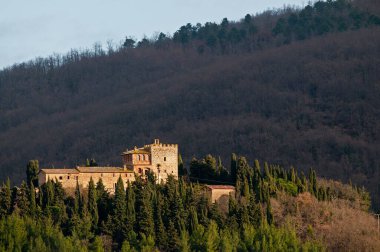 Tepedeki eski güzel Falsini şatosu. Toskana