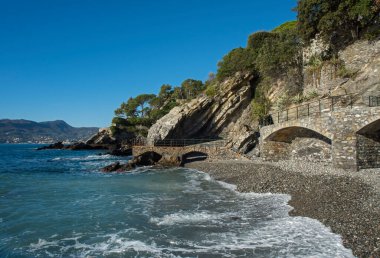 Zoagli, Liguria, İtalya 'nın güzel kıyılarının manzaralı görüntüleri.
