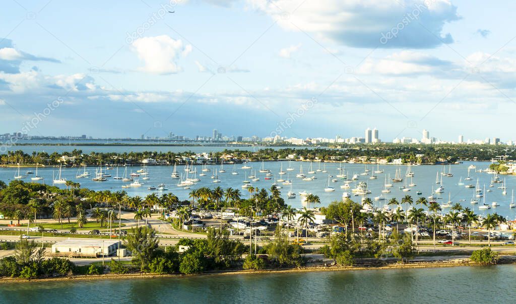 Beautiful view of MacArthur Causeway, Venetian Islands at Biscayne Bay in Miami, Florida, United States of America.