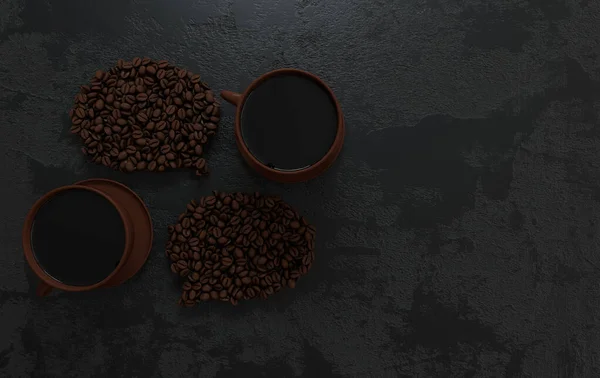 Realistic coffee beans, cups of coffee, message, chat bubble icon flat lay, 3d rendering background. Masses of coffee beans close up.