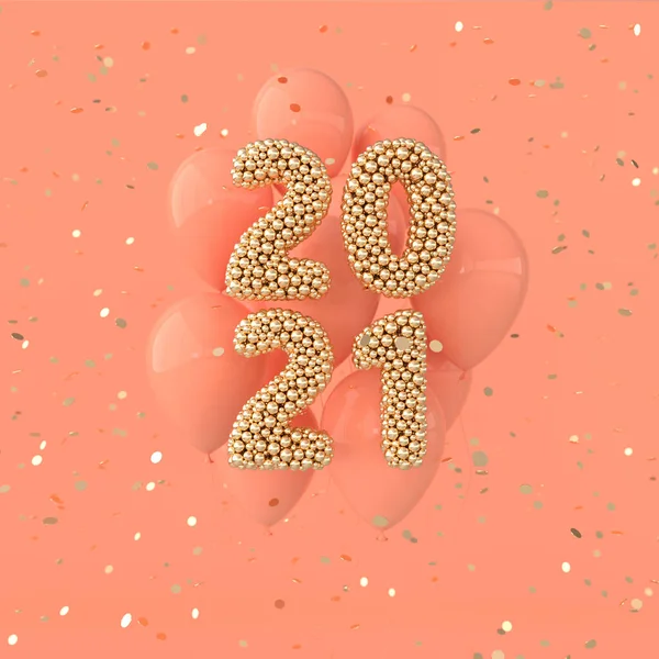 New year 2021 celebration background. Golden numerals 2021, floating glossy balloons, confetti. Realistic illustration for New Year\'s and Christmas banners. 3d render