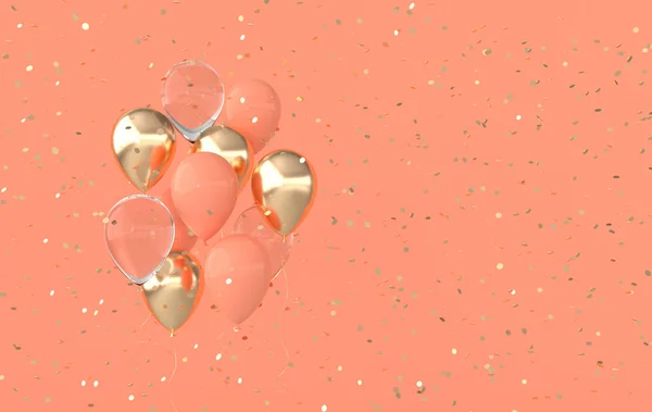 Illustration of glossy gold, pastel colored balloons and confetti background. Empty space for birthday, party, promotion social media banners, posters. 3d render realistic balloons