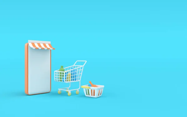 Smartphone, shopping basket and cart with purchases 3d rendering. Online shopping concept
