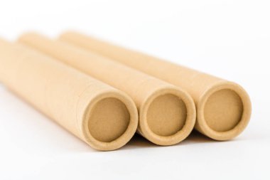 Beyaz arkaplanda boş kahverengi karton rulo tüp